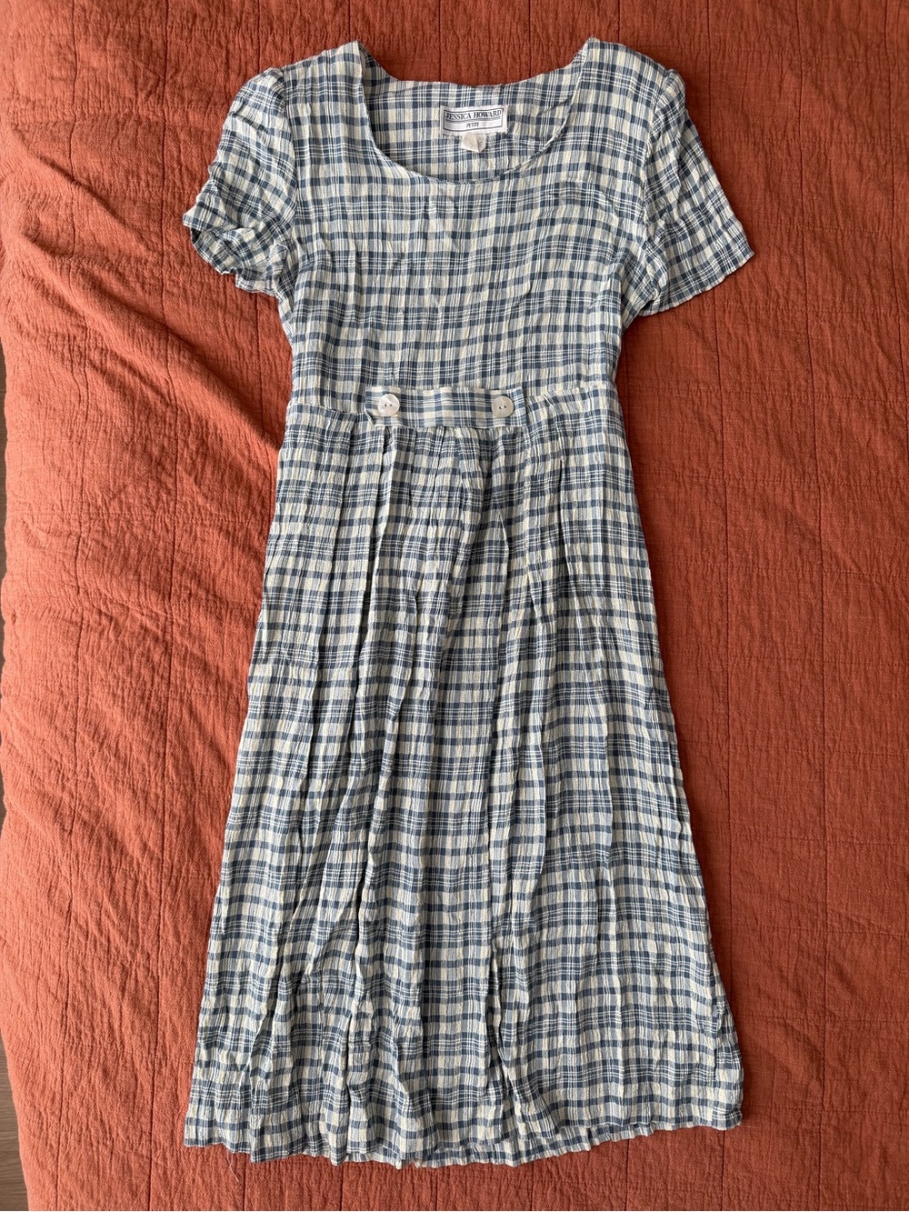 Vintage Jessica Howard Plaid Midi Dress 12P Blue 90s Housewife Trad Wife USA